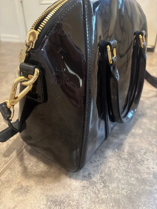 MCM Black Patent Leather Satchel with Gold Plaque and Hardware - Picture 6 of 11